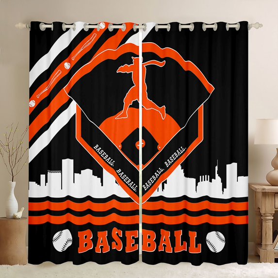 Homewish Baseball Sport Lover Curtains Pack of 2 (42x84 Each),Boys Ball Game Curtains Blackout,Orange White Black Bedroom Curtains For Boys Teens,Super Cozy Room Decor