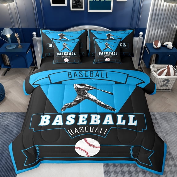 Homewish Baseball Sport Theme 7-Piece Bedding Comforter Set,Ball Gamer King Bedding Sets,Blue Black Bed Sheets For Kids,Microfiber Bedroom Decor Reversible