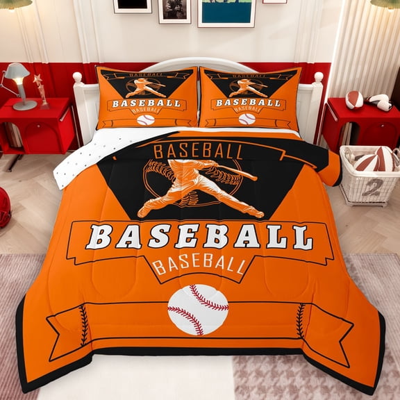 Homewish Baseball Sport Theme Queen Comforter Set,Ball Gamer Bedding Sets,Orange Black Bedding Comforter Set For Kids,Microfiber Bedroom Decor Reversible,3-Piece