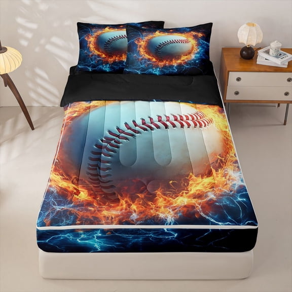 Homewish Baseball Sport Theme Zipper Twin Comforter Sets with Fitted Sheet and 2 Pillowcases,Boys Ball Game Zipper Bedding Set For Ball Lovers,Reversible,4 Pieces