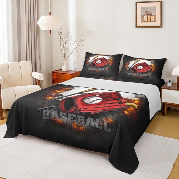 Homewish Baseball Sports Twin Sheet Sets,Ball Game Gaming Twin Fitted Sheet,Red Black 03 For Boys Teens,Ultra Soft Home Decor,3-Piece