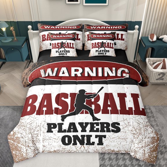 Homewish Baseball Theme 7-Piece Bedding Comforter Set,Ball Sport Game King Bedding Sets,Red Black Brown Bed Sheets For Teens,Luxury Bedroom Decor Reversible
