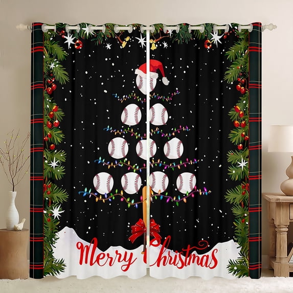 Homewish Baseball Xmas Tree Black Out Curtains, Dreamy Winter Festival Curtains Pack of 2 (42x63 Each), Merry Christmas Bedroom Curtains, Curtains and Drapes Room Decor