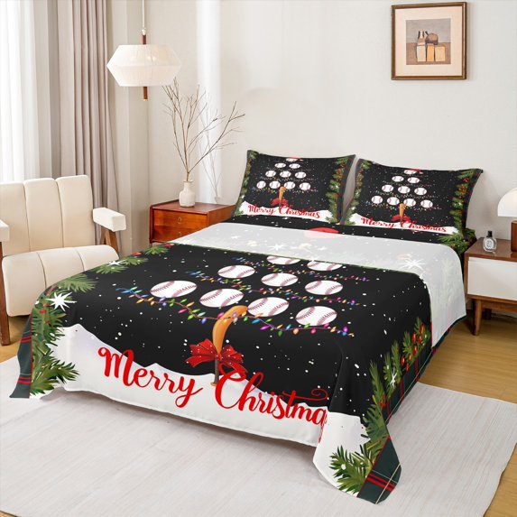 Homewish Baseball Xmas Tree Queen Sheet Sets, Dreamy Winter Festival Flat Sheet, Merry Christmas Queen Fitted Sheet, Super Cozy Room Decor, 4-Piece