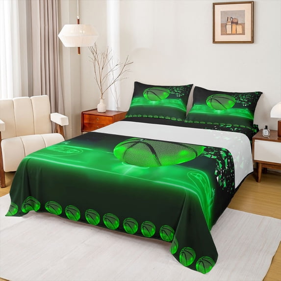 Homewish Basketbal Sport Bed Sheets,Boys Ball Game King Sheets,Green Black Sheet Set For Teens,Super Cozy Room Decor,4pcs