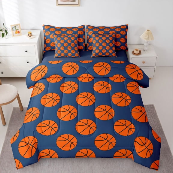 Homewish Basketball 7pcs Bedding Comforter Set For Teens,Sport Theme Queen Bedding Sets Super Cozy,Ball Game Queen Sheet Sets,Luxury Bedroom Decor,Reversible