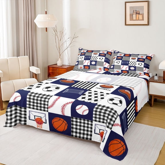 Homewish Basketball Football Full Size Sheets, Honeycomb Square Plaid Bed Sheets, Baseball Sports Theme Sheet Sets, Luxury Bedroom Decor, 4 Pieces