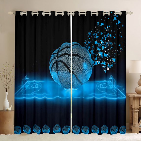 Homewish Basketball Game Curtains Pack of 2 (42x84 Each),Sport Theme Curtains Blackout,Blue Black Bedroom Curtains For Boys Kids,Breathable Home Decor