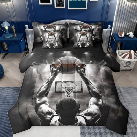 Homewish Basketball Gamer Bedding Comforter Set 7-Piece for Boys,Sport Theme King Bedding Sets,Ball Gaming Ultra Soft Bed Sheets,Microfiber Bedroom Decor,Reversible