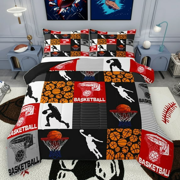 Homewish Basketball Gamer Bedding Comforter Set,Ball Sport Twin Comforter Sets,Geometric Checkered Striped Bedding Set For Boys Kids,Luxury Bedroom Decor Reversible,2-Piece