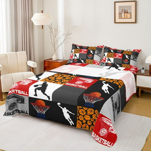 Homewish Basketball Gamer Twin Sheet Sets,Ball Sport Twin Fitted Sheet,Geometric Checkered Striped Flat Sheet For Boys Kids,Luxury Bedroom Decor,3-Piece