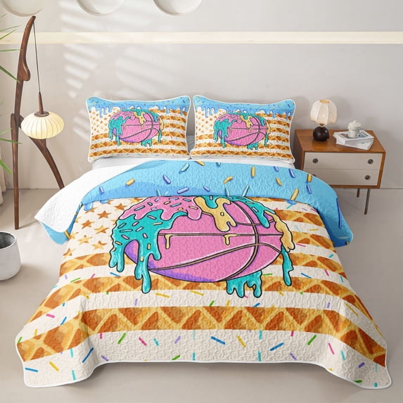 Homewish Basketball Ice Cream Drip Bed Spread Queen,Waffle Us Flag Queen Coverlet Set,3-Piece