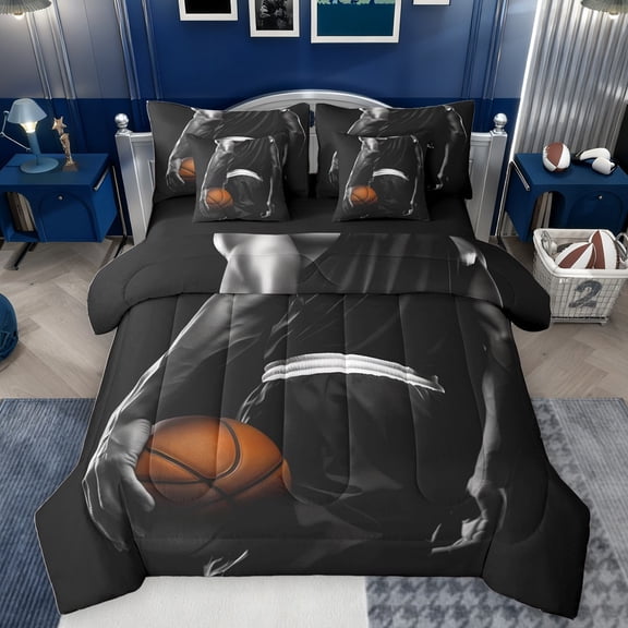 Homewish Basketball Print Boy Bedding Comforter Set 7-Piece,Ball Game King Bedding Sets,Sport Gamer Ultra Soft Bed Sheets,Breathable Home Decor,Reversible