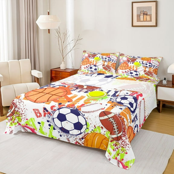 Homewish Basketball Soccer Football Twin Sheet Sets 3pcs for Kids Teens Adults,Sport Gamer Twin Fitted Sheet Microfiber,Graffiti Splash Breathable Flat Sheet,Breathable Home Decor
