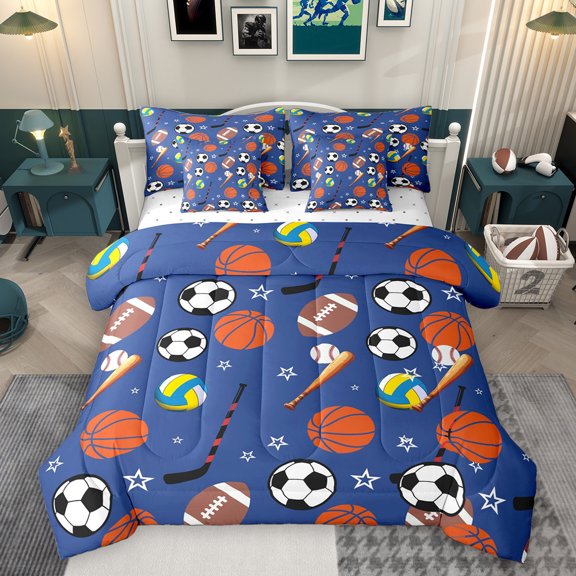 Homewish Basketball Soccer Rugby Golf Ball Sport Queen Comforter Sheet Set, Reversible Super Cozy Girls Kids Bedding, 7pcs