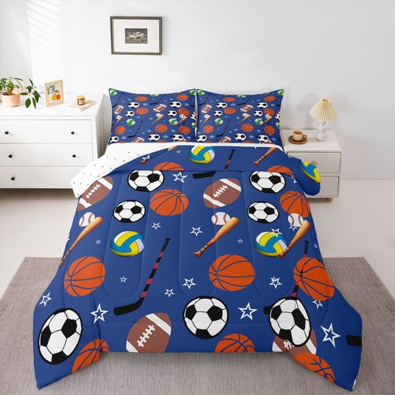 Homewish Basketball Soccer Rugby Full Size Comforter Sets,Golf Ball Sport Bedding Comforter Set,Orange Deepblue Bedding Sets For Girls Kids,Super Cozy Room Decor Reversible,3pcs
