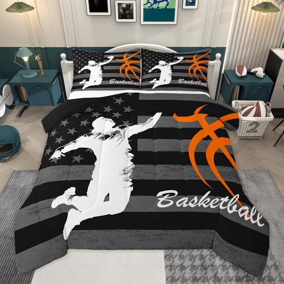 Homewish Basketball Sport Player Full Size Comforter Sets for Teen, Grey Stripes Abstract Bedding Comforter Set, Modern Ball Game Reversible Bedding Sets, Luxury Bedroom Decor, 3pcs