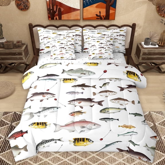 Homewish Bass Big Fish 7-Piece Bedding Comforter Set,Rustic Farmhouse Cabin King Bedding Sets,Hunting And Fishing Bed Sheets For Boys Kids,Ultra Soft Home Decor Reversible