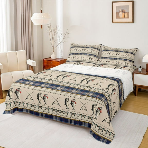 Homewish Bass Big Fish Bed Sheets,Hunting And Fishing King Sheets,Rustic Farmhouse Cabin Sheet Set For Boys Kids,Super Cozy Room Decor,4pcs