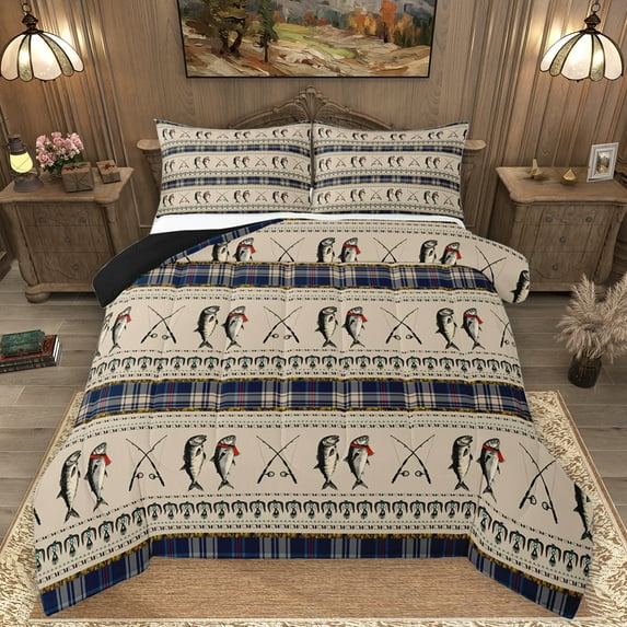 Homewish Bass Big Fish Bedding Comforter Set,Hunting And Fishing Twin Comforter Sets,Rustic Farmhouse Cabin Bedding Set For Boys Kids,Super Cozy Room Decor Reversible,2pcs