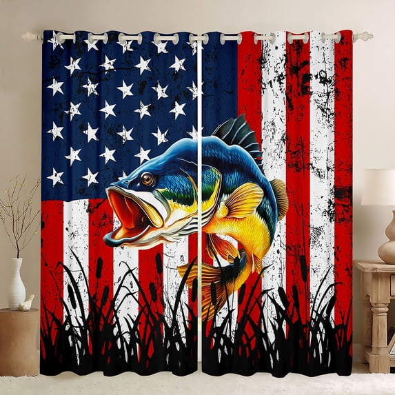 Homewish Bass Big Fish Black Out Curtains,American Flag Pattern Curtains Pack of 2 (42x63 Each),Hunting And Fishing Bedroom Curtains For Boys,Ultra Soft Home Decor