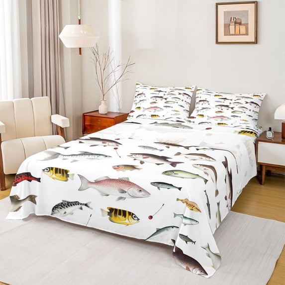 Homewish Bass Big Fish Full Size Sheets,Rustic Farmhouse Cabin Bed Sheets,Hunting And Fishing Sheet Sets For Boys Kids,Ultra Soft Home Decor,4 Pieces