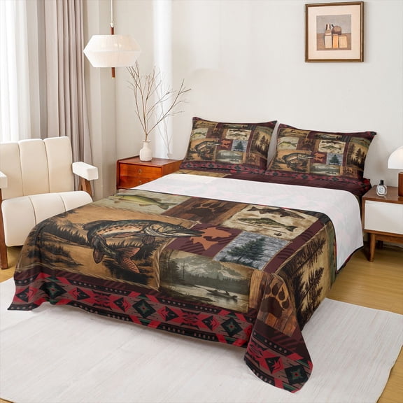 Homewish Bass Big Fish Full Size Sheets,Rustic Farmhouse Cabin Bed Sheets,Vintage Aztce Sheet Sets For Boys Kids,Breathable Home Decor,4-Piece