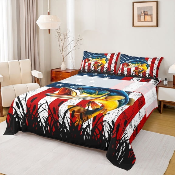 Homewish Bass Big Fish Twin Sheet Sets,American Flag Pattern Twin Fitted Sheet,Hunting And Fishing Flat Sheet For Boys,Ultra Soft Home Decor,3-Piece