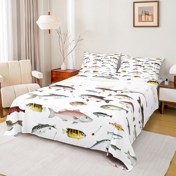 Homewish Bass Big Fish Twin Sheet Sets,Rustic Farmhouse Cabin Twin Fitted Sheet,Hunting And Fishing Flat Sheet For Boys Kids,Ultra Soft Home Decor,3-Piece