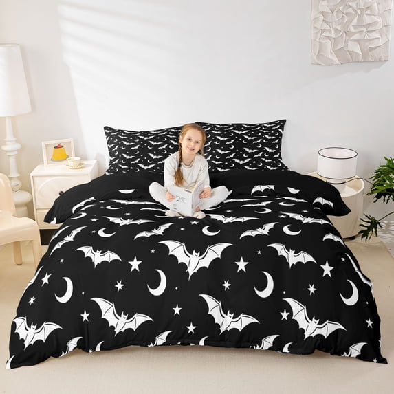 Homewish Bat Moon Silhouette Bedding for Kids, Black White Star Halloween Duvet Cover Full, Black Reversible, 3 Pieces, 1 Duvet Cover and 2 Pillowcases