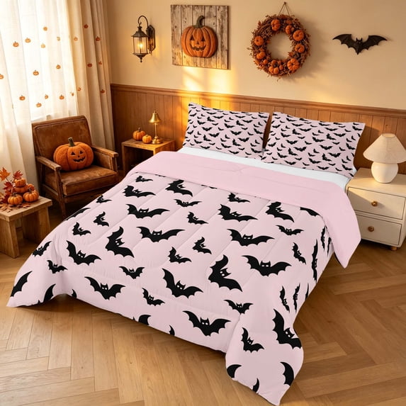 Homewish Bat Silhouette Queen Comforter Set for Girls, Happy Halloween Print Comforter Sets Queen, Pink Black, Pink Reversible, 3-Piece 1 Comforter and 2 Pillowcases