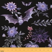 Homewish Bats Spider Webs Fabric by the Yard 2 Yard,Happy Halloween Room Decor Fabric by the Yard,Purple Flower Floral Fabric for Sewing For Boys Kids,Luxury Bedroom Decor