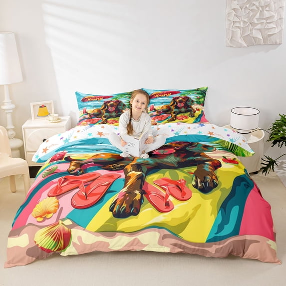 Homewish Beach Dachshund Dog Duvet Cover Queen,Happy Summer Print Umbrella Queen Bedding,Colorful Stars Reversible,3-Piece,1 Duvet Cover and 2 Pillowcases