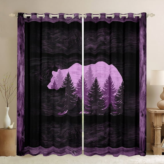 Homewish Bear Animal Black Out Curtains, Rustic Countryside Curtains Pack of 2 (42x63 Each), Purple Wooden Plank Cabin Bedroom Curtains, Blackout Curtains Decor