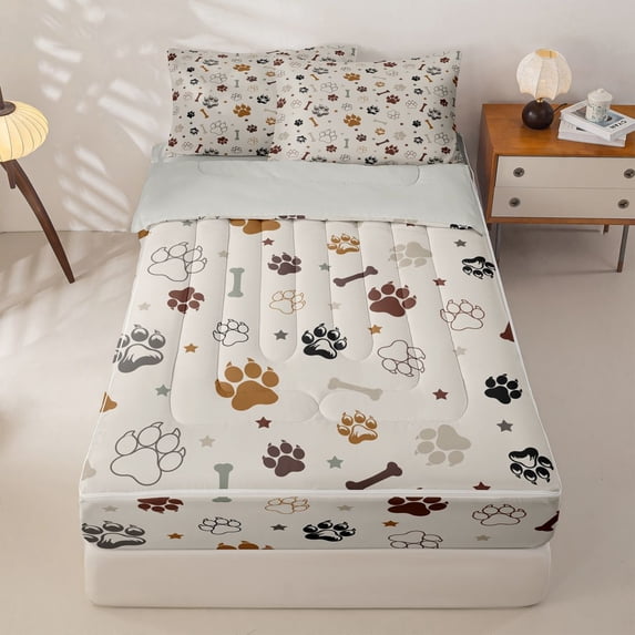 Homewish Bear Animal Print Zipper Full Size Comforter Sets with Fitted Sheet and 2 Pillowcases, Cute Cartoon Stars Zipper Bedding Set, Gray Reversible, 4 Pieces