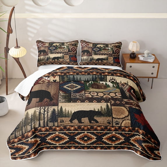 Homewish Bear Cabin Patchwork Quilt King For Men And Women,Rustic Woodland King Coverlet Set,3pcs