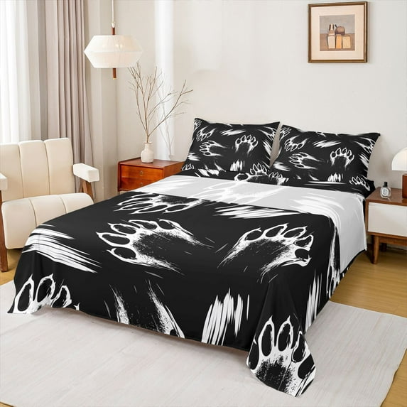 Homewish Bear Footprint Queen Sheet Sets,Wild Animal Flat Sheet,Black White Queen Fitted Sheet For Kids,Breathable Home Decor,4 Pieces