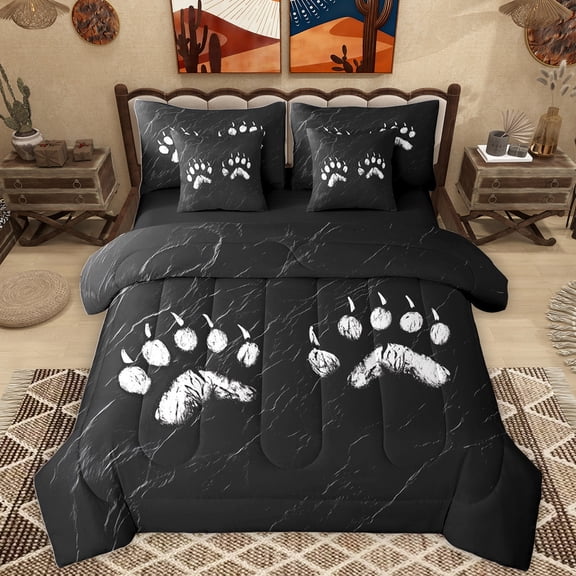Homewish Bear Paw Pattern 7-Piece Twin Bedding Sets,Safari Animal Bedding Comforter Set,Black White Sheet Sets For Boys Kids,Super Cozy Room Decor Reversible