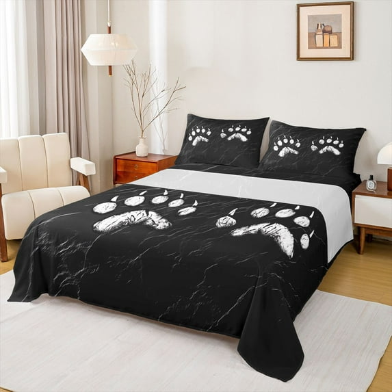 Homewish Bear Paw Pattern Twin Sheet Sets,Safari Animal Twin Fitted Sheet,Black White Flat Sheet For Boys Kids,Super Cozy Room Decor,3-Piece