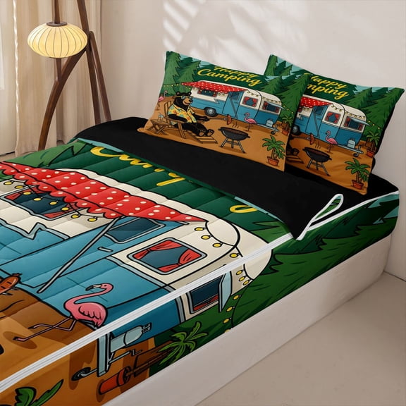 Homewish Bear RV Car Zipper Twin Comforter Sets with Fitted Sheet and 2 Pillowcases, Tropical Happy Camping Zipper Bedding Set for Boys and Girls, Black Reversible, 4-Piece