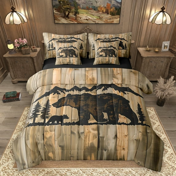 Homewish Bear Silhouette 7-Piece Twin Bedding Sets,Rustic Old Barn Door Bedding Comforter Set,Rustic Farmhouse Cabin Sheet Sets For Boys Kids,Ultra Soft Home Decor Reversible