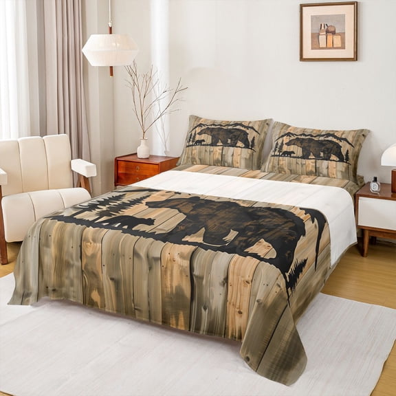 Homewish Bear Silhouette Twin Sheet Sets,Rustic Old Barn Door Twin Fitted Sheet,Rustic Farmhouse Cabin Flat Sheet For Boys Kids,Ultra Soft Home Decor,3-Piece