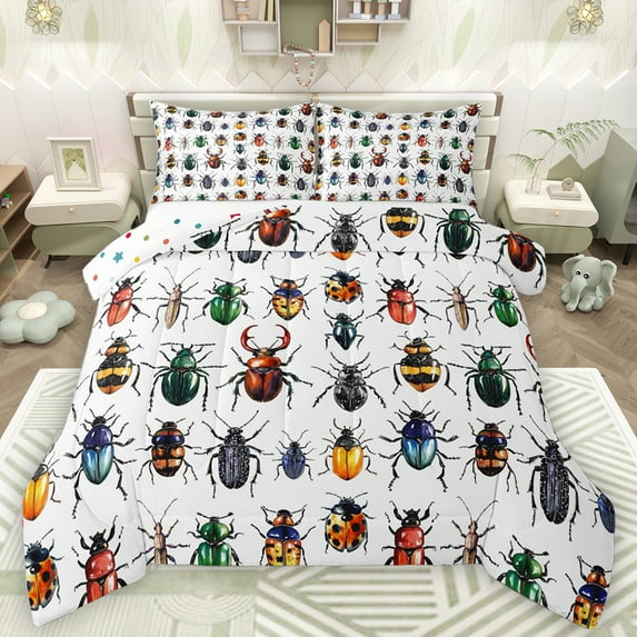 Homewish Beetle Pattern Queen Comforter Set,Natural Bug Bedding Sets,Colorful Wild Animal Bedding Comforter Set For Boys Teens,Breathable Home Decor Reversible,3-Piece