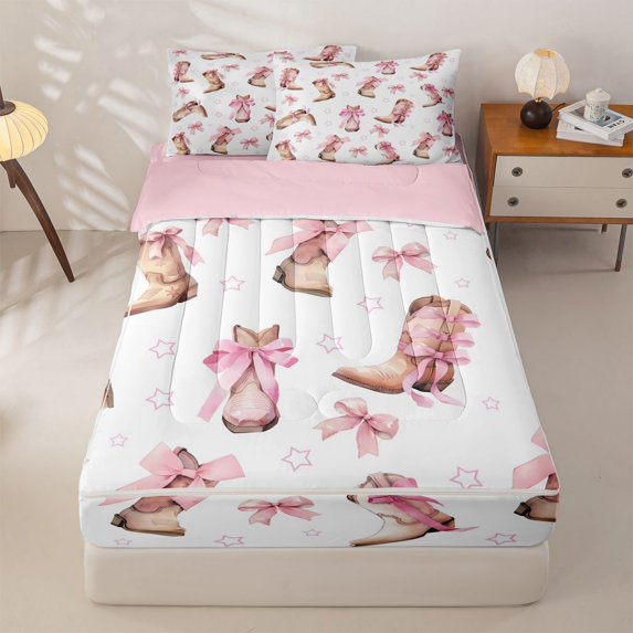 Homewish Beige Cowgirl Boots Pink Bow Star Print Zipper Full Size Comforter Sets with Fitted Sheet and 2 Pillowcases,Pastel Western Zipper Bedding Set For Girls,Reversible,4-Piece