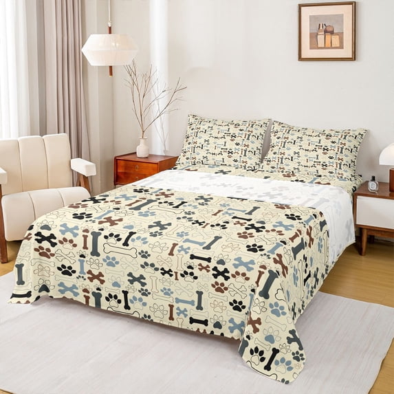 Homewish Beige Dog Paw Bone Queen Sheets,Vintage Pet Themed Queen Sheet Sets,4-Piece,1 Flat Sheet, 1 Fitted Sheet and 2 Pillowcases