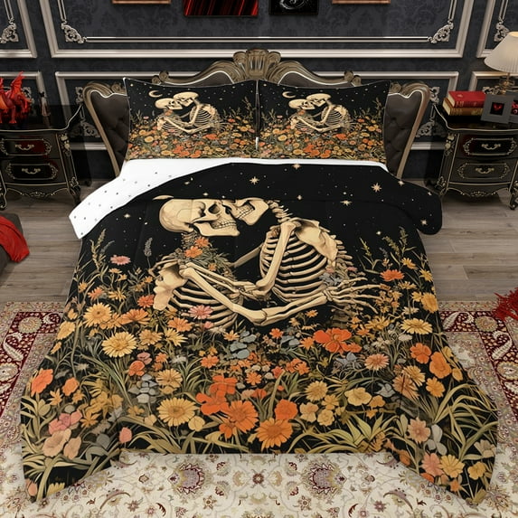 Homewish Beige Skeleton Skull Bedding Comforter Set,Gothic Valentine'S Day Twin Comforter Sets,Country Floral Flower Bedding Set For Girls Kids,Luxury Bedroom Decor Reversible,2 Pieces