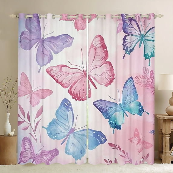 Homewish Besuty Butterfly Curtains Pack of 2 (42x84 Each),Flying Animal Curtains Blackout,Dreamy Pink Blue Bedroom Curtains For Girls Kids,Breathable Home Decor