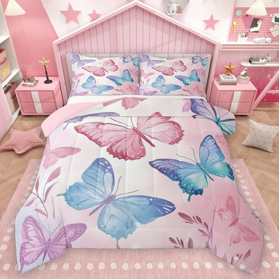 Homewish Besuty Butterfly Full Size Comforter Sets,Flying Animal Bedding Comforter Set,Dreamy Pink Blue Bedding Sets For Girls Kids,Breathable Home Decor Reversible,3pcs