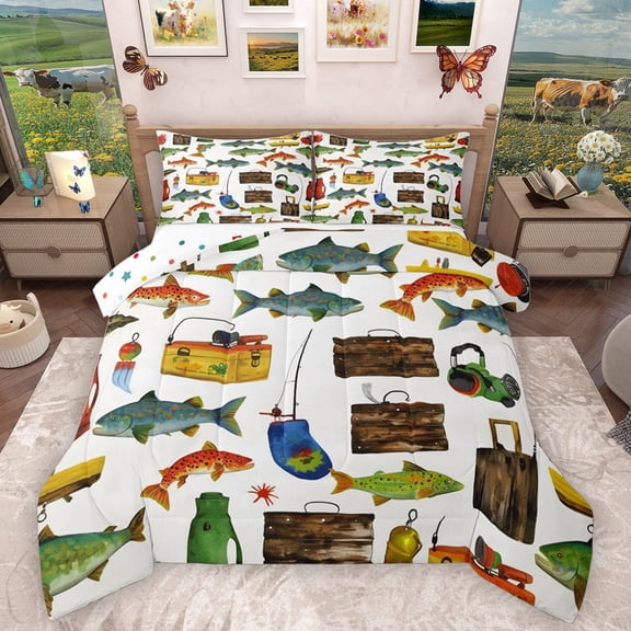 Homewish Big Bass Fish Bedding Comforter Set 2pcs for Kids Children Teens,Fishing Theme Twin Comforter Sets Microfiber,Rustic Farmhouse Breathable Bedding Set,Luxury Bedroom Decor,Reversible