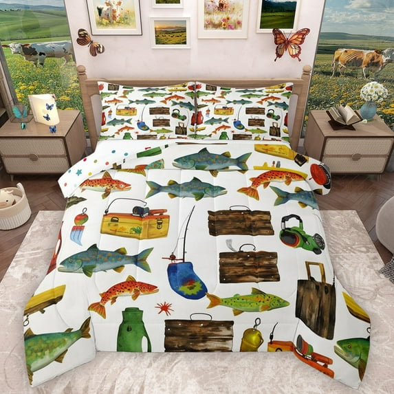 Homewish Big Bass Fish Full Size Comforter Sets 3-Piece for Kids Children Teens,Fishing Theme Bedding Comforter Set,Rustic Farmhouse Lightweight Bedding Sets,Luxury Bedroom Decor,Reversible